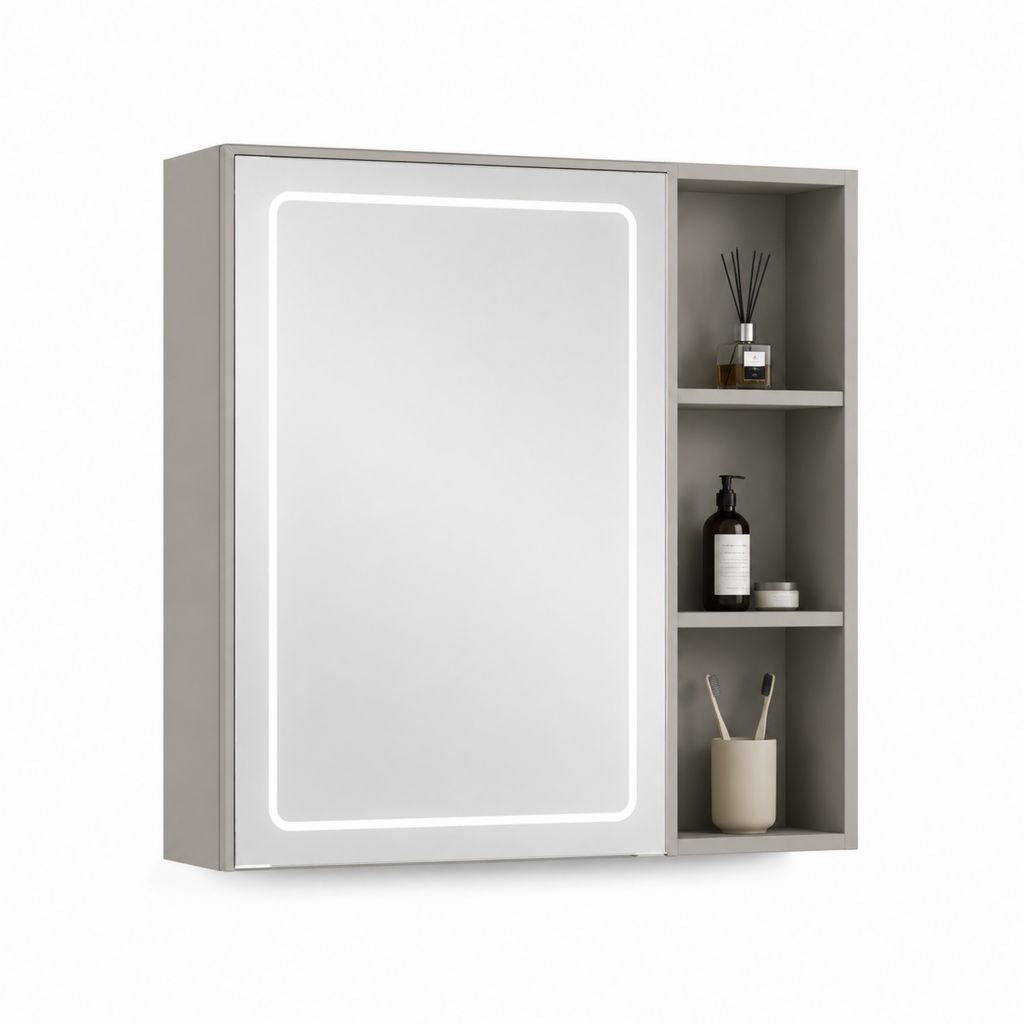 Armoire miroir de salle de bain LED gris en MDF avec étagères 60 x 70 x 15 cm