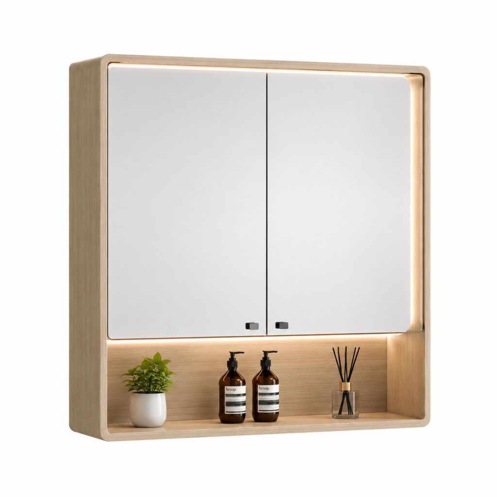 Armoire de toilette à deux miroirs rectangulaire beige en bambou 80 x 70 x 15 cm