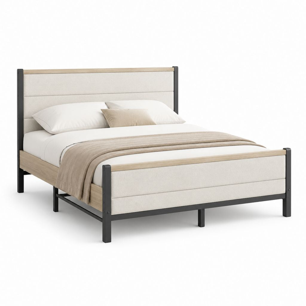 Cadre de lit double 160 x 200 cm beige chêne clair et noir en acier MDF et polyester