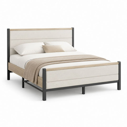 Cadre de lit double 160 x 200 cm beige chêne clair et noir en acier MDF et polyester