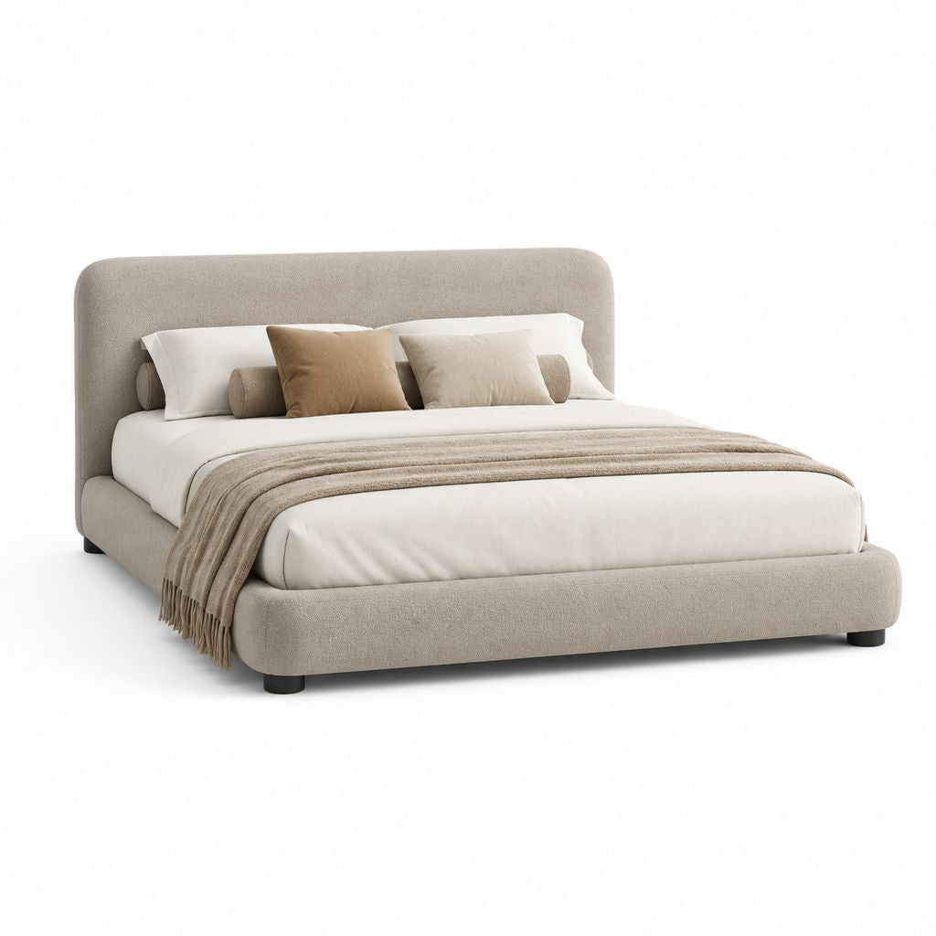 Lit double capitonné beige en polyester avec tête de lit arrondie 160 x 200 cm