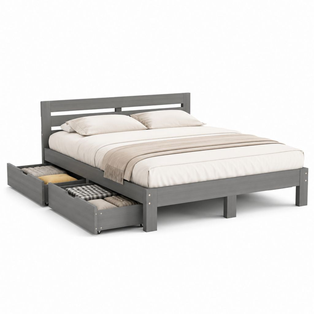Lit double avec tiroirs de rangement gris en bois massif 160 x 200 cm
