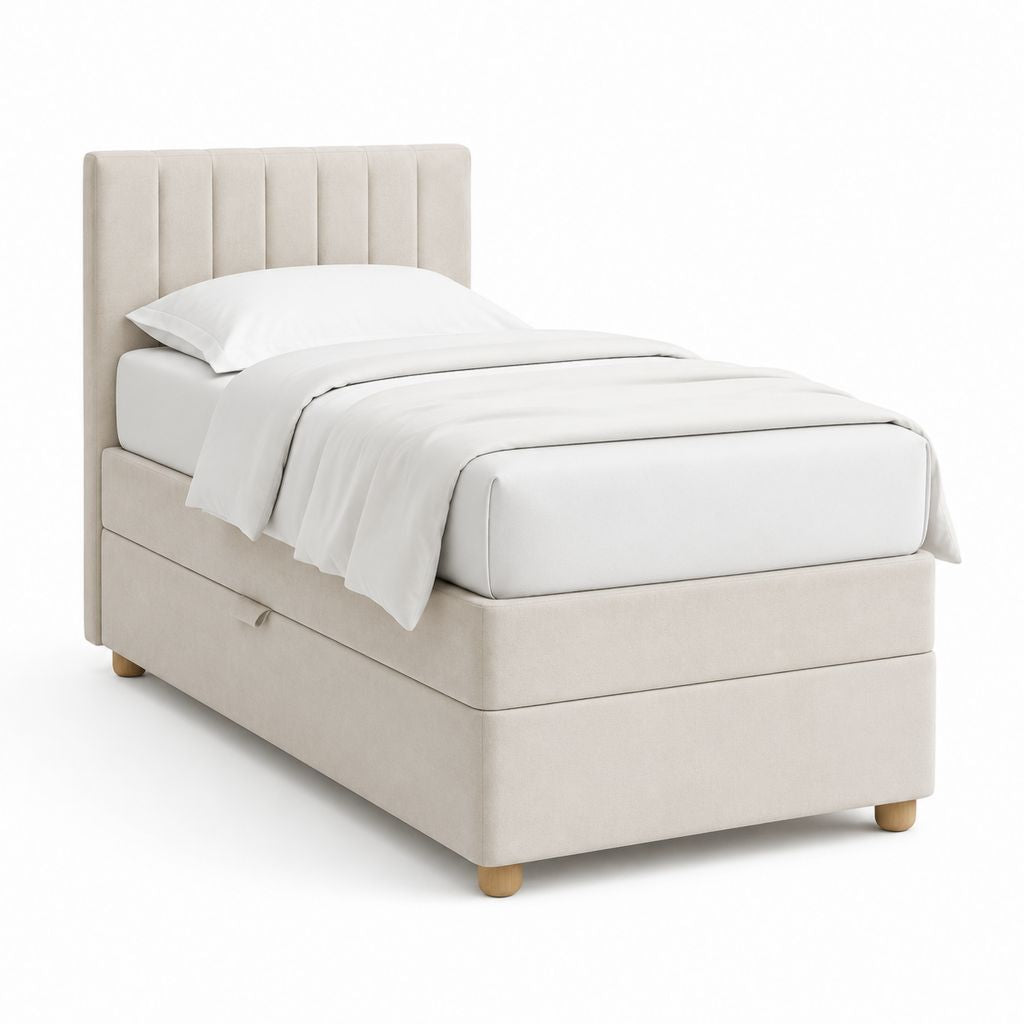 Lit coffre une place beige en polyester 100 x 205 x 120 cm avec tête de lit capitonnée