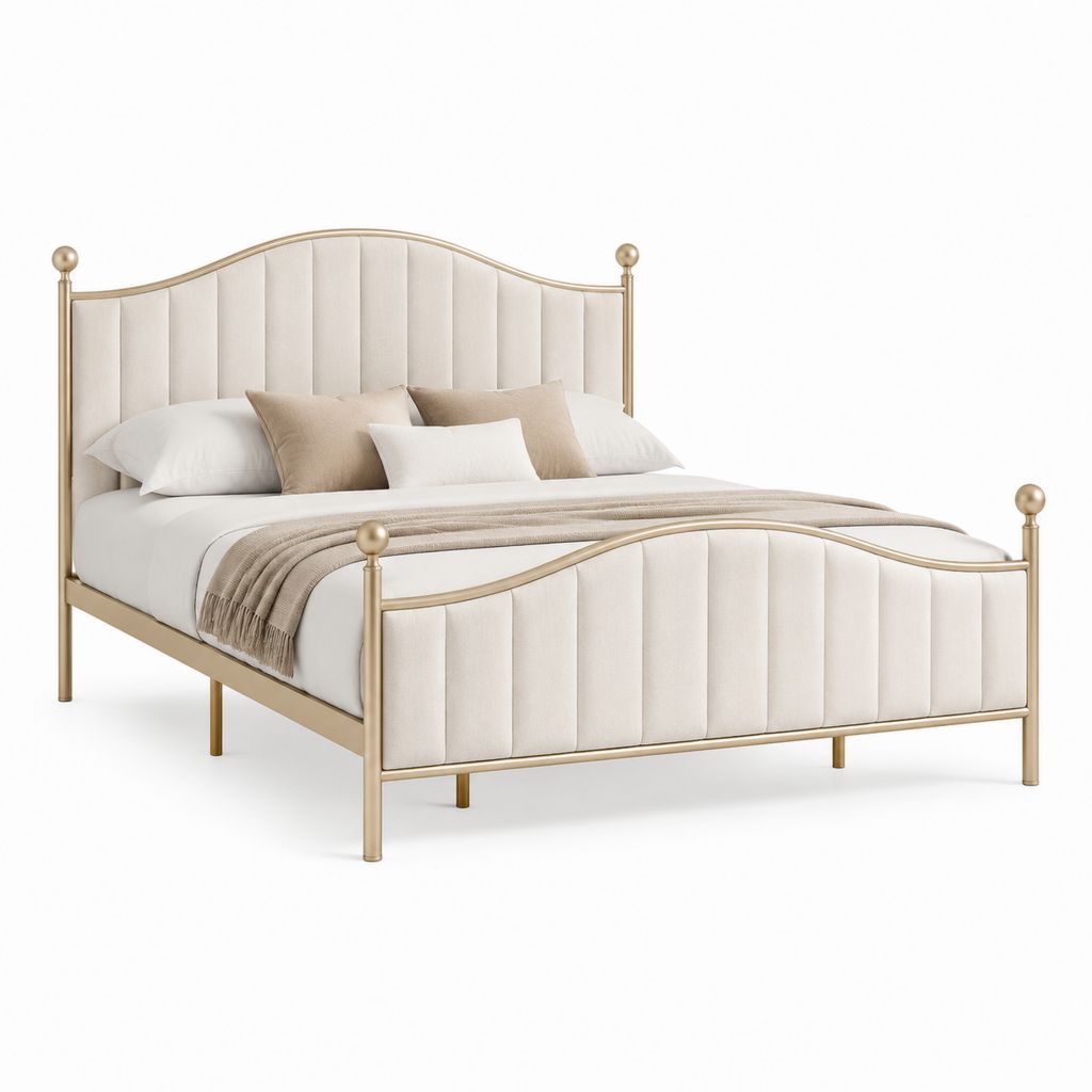 Lit double 160 x 200 cm beige et doré en acier avec tête de lit rembourrée