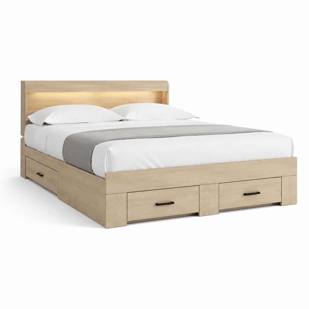 Lit double avec rangements chêne clair MDF 160 x 200 cm