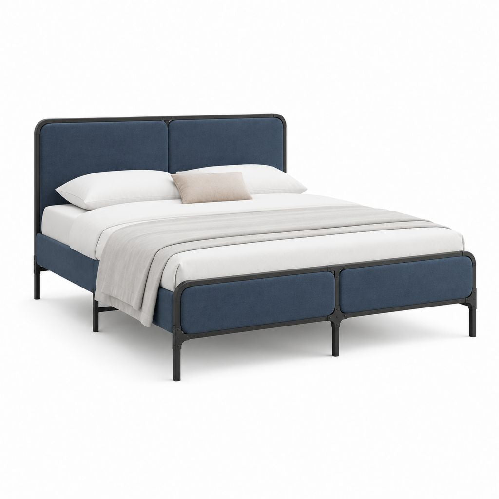Lit double avec cadre bleu nuit en polyester et acier 160 x 200 cm