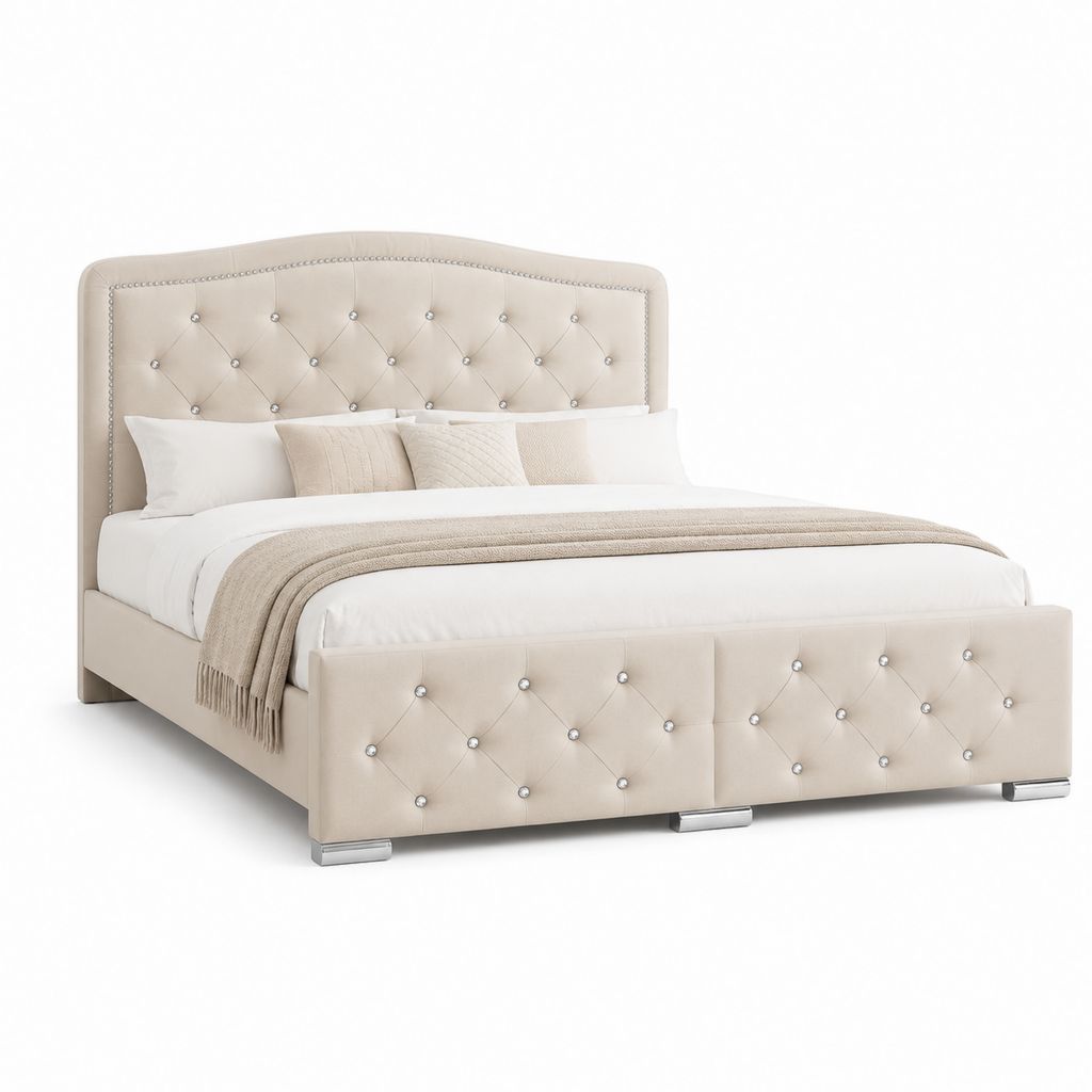 Lit double capitonné rectangulaire beige en velours polyester avec cadre 160 x 200 cm