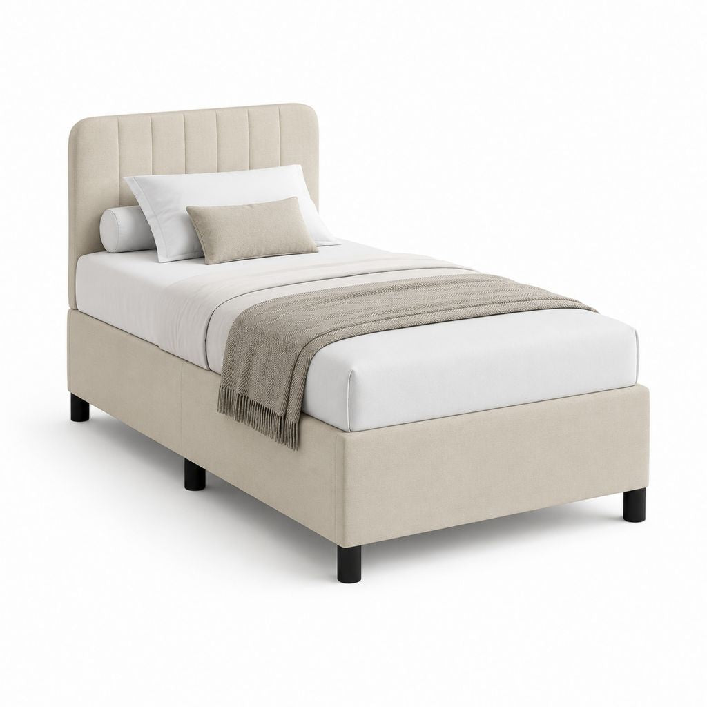 Lit simple capitonné beige en polyester 90 x 190 cm avec tête de lit rembourrée