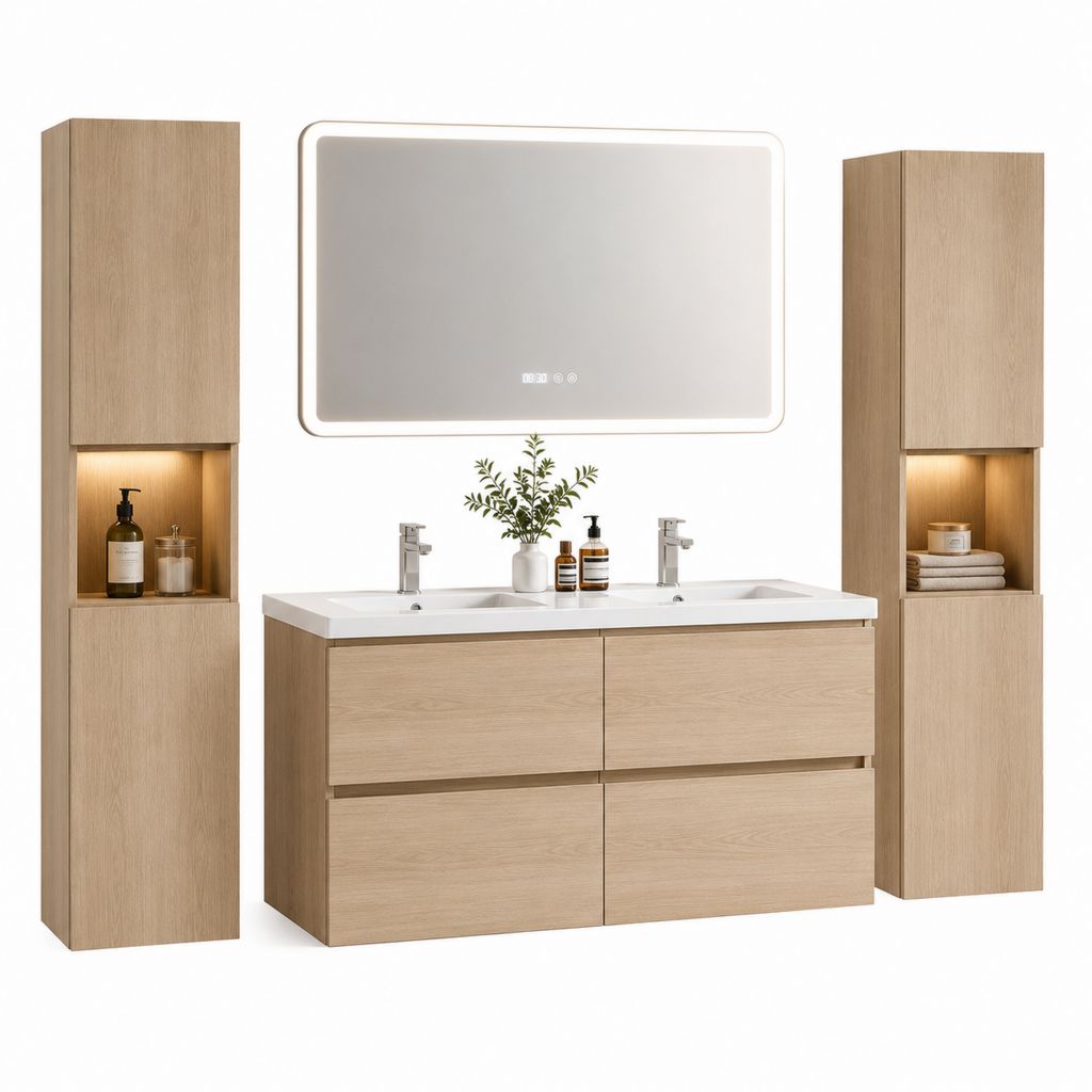 Ensemble meuble sous vasque double vasque chêne clair MDF 120 x 46 x 55 cm avec miroir LED et colonnes
