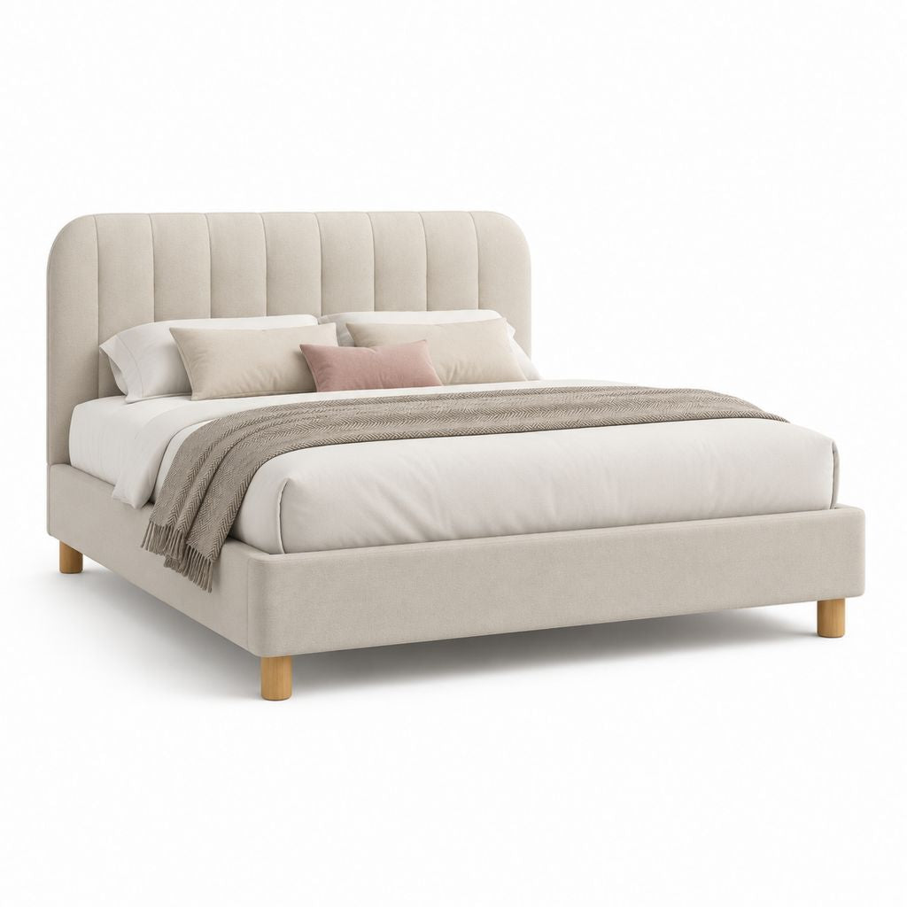 Lit double 160 x 200 cm beige en polyester avec tête de lit capitonnée