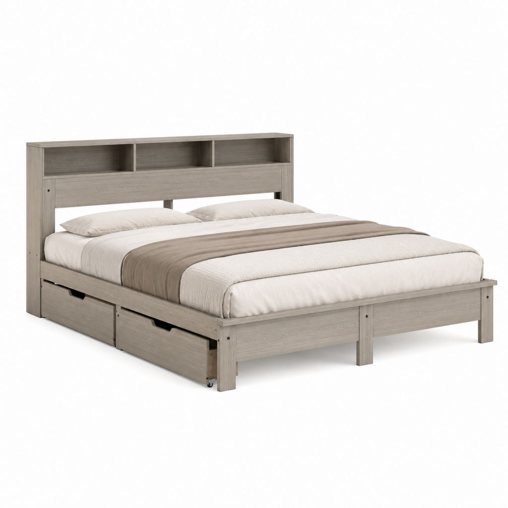 Lit double 160 x 200 cm gris chêne avec tête de lit à rangements et 2 tiroirs