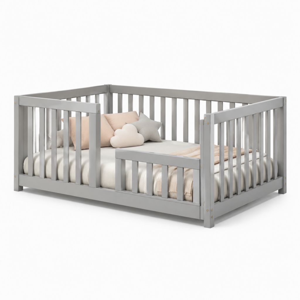 Lit enfant à barrières gris en pin massif 147 x 77 x 60 cm