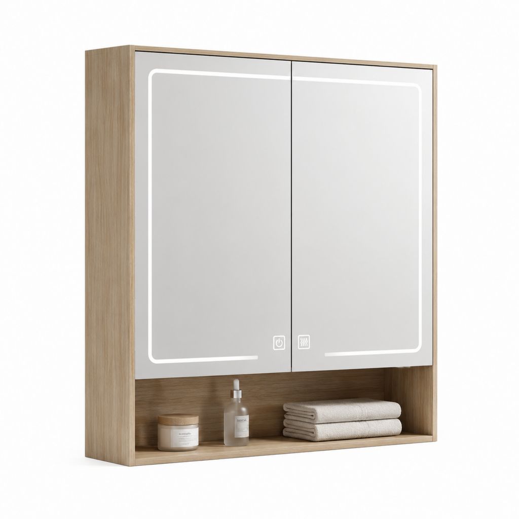 Armoire de toilette miroir LED avec rangement chêne clair en MDF rectangulaire 80 x 70 x 15 cm
