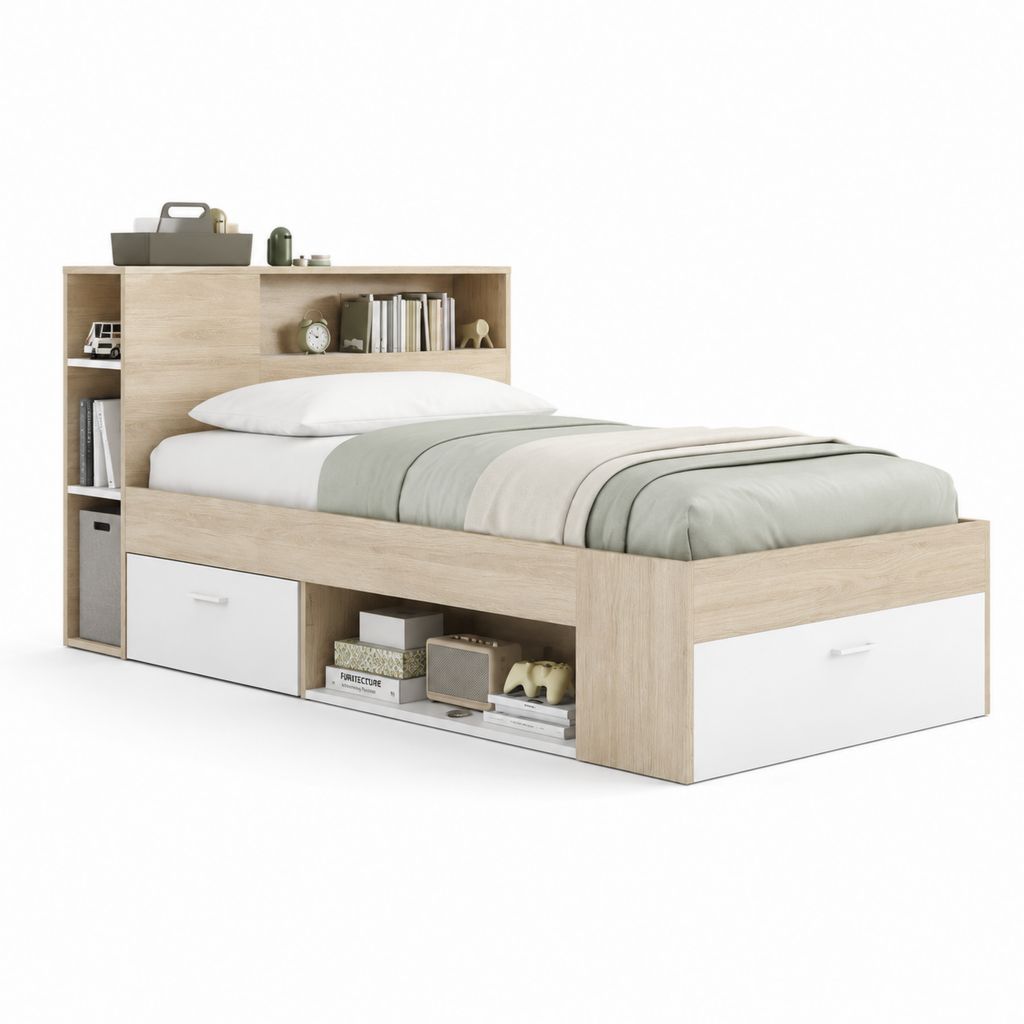 Lit enfant avec rangements chêne clair et blanc en panneaux de particules 90 x 190 cm
