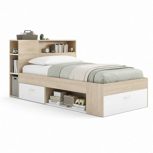 Lit enfant avec rangements chêne clair et blanc en panneaux de particules 90 x 190 cm