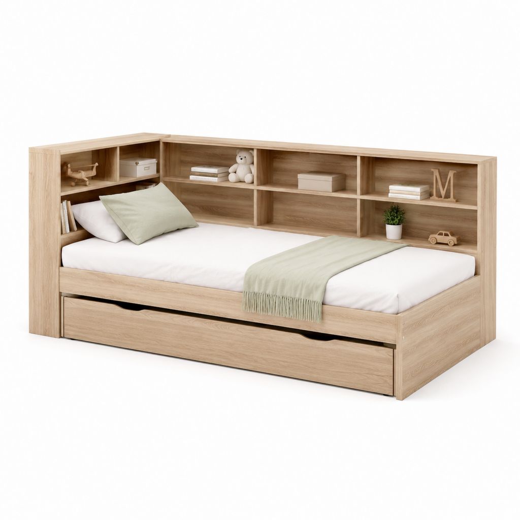 Lit banquette 90 x 190 cm chêne clair en panneaux de particules avec rangement et étagères