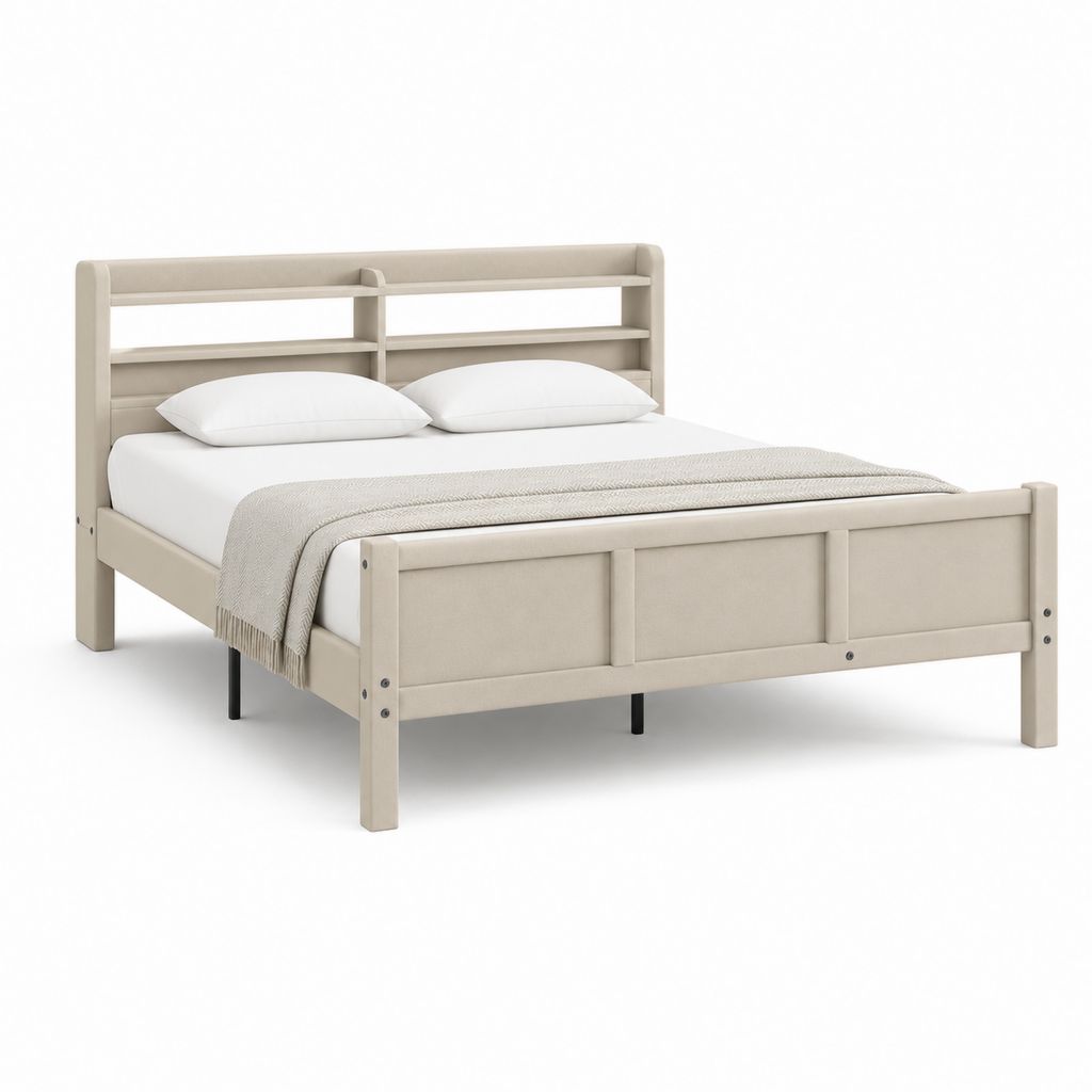 Cadre de lit double beige en panneaux MDF et polyester avec tête de lit à étagères 160 x 200 cm
