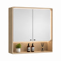 Armoire de toilette à deux miroirs rectangulaire beige en bambou 80 x 70 x 15 cm