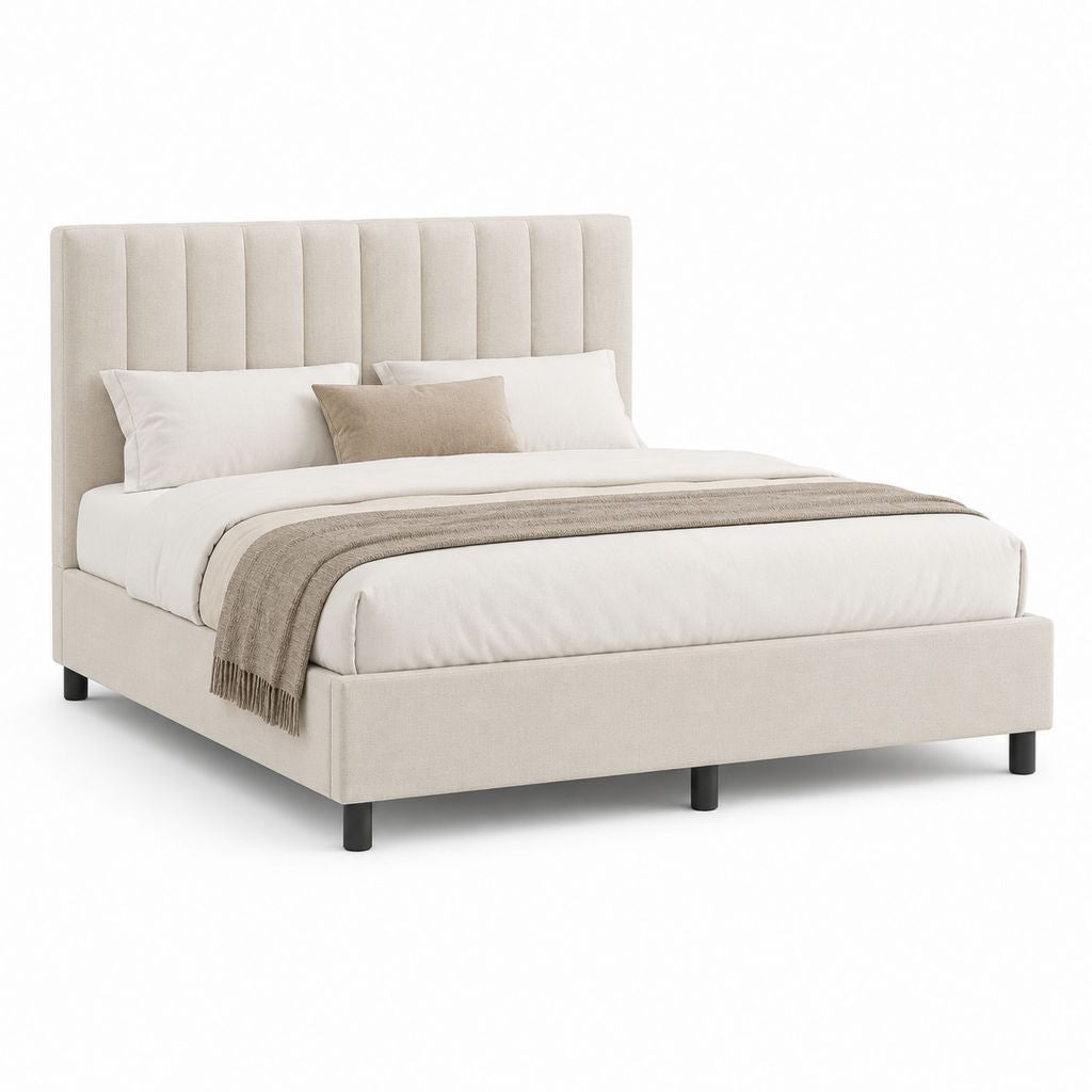 Lit double avec cadre de lit beige en polyester rectangulaire 160 x 200 cm