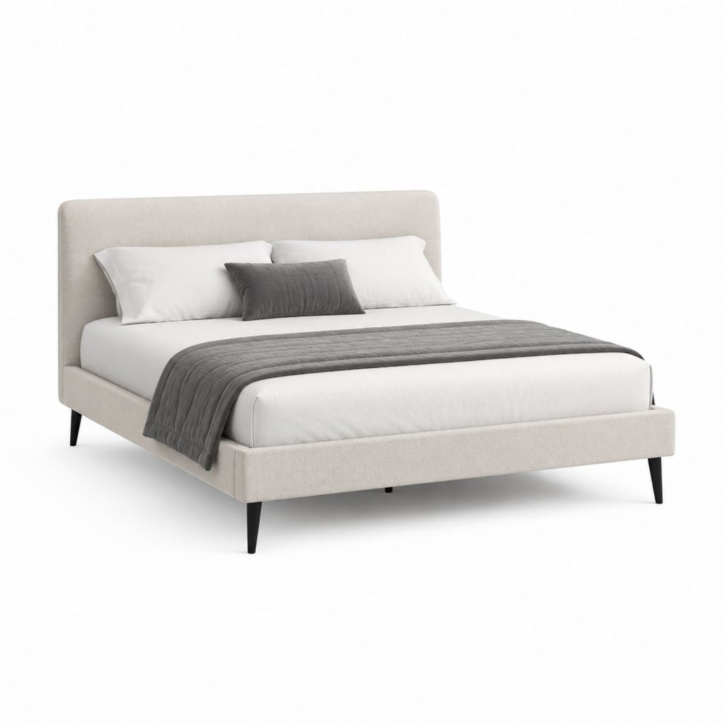 Lit double 160 x 200 cm beige en polyester avec tête de lit capitonnée et pieds noirs