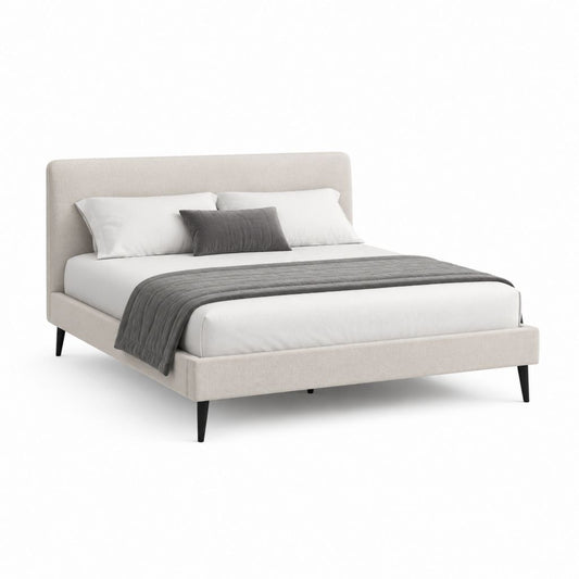 Lit double 160 x 200 cm beige en polyester avec tête de lit capitonnée et pieds noirs