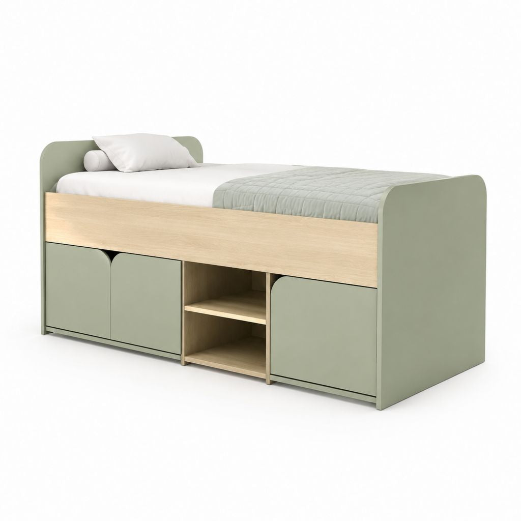Lit enfant avec rangements rectangulaire vert sauge et chêne clair en MDF 90 x 190 cm