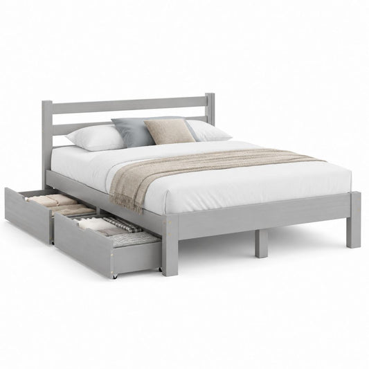 Lit double avec 2 tiroirs gris en pin massif 140 x 190 cm