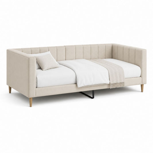 Lit gigogne rectangulaire beige en velours polyester 90 x 200 cm avec sommier coulissant